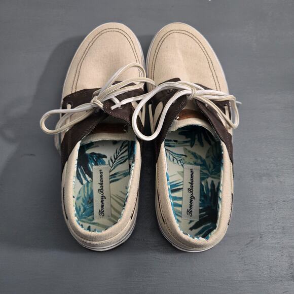 Tommy Bahama Other - Tommy Bahama Boat Shoes Mens 11.5 Tan Canvas Leather Lace Up Casual Comfort